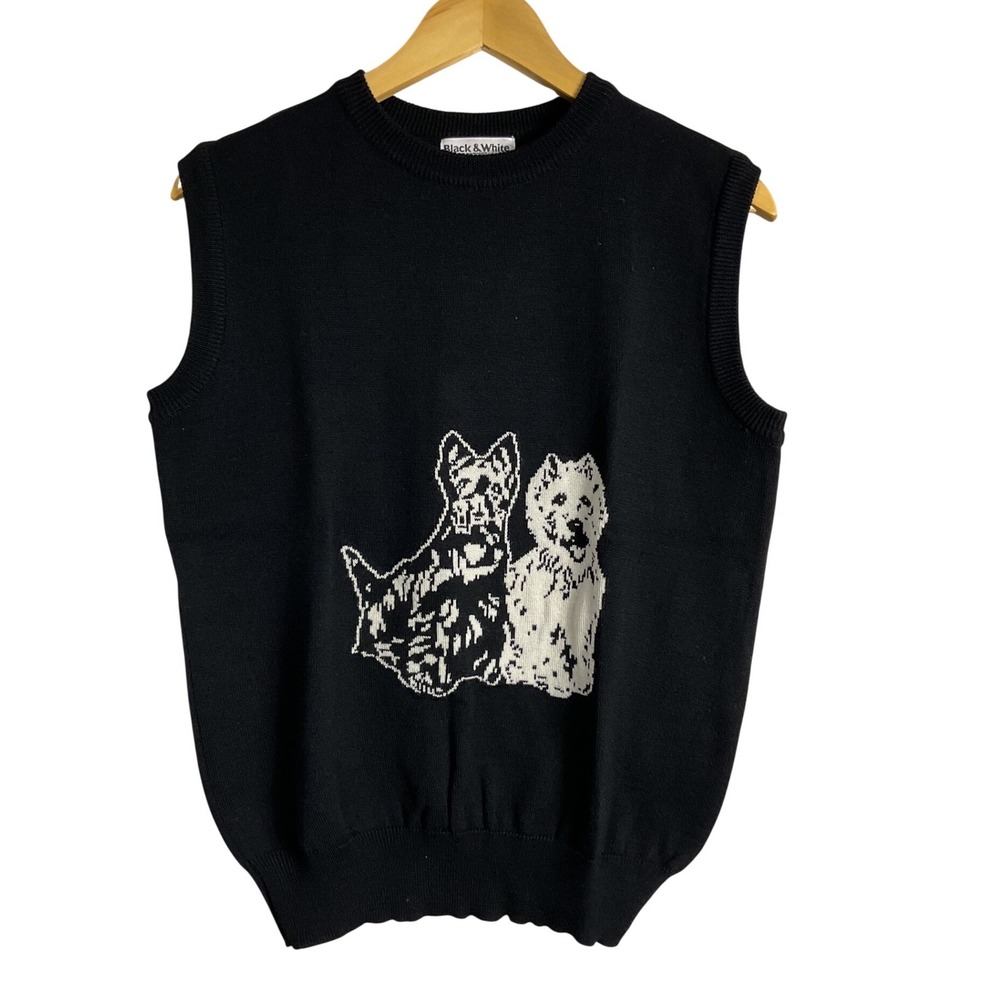 Black & White Sportswear Wool Dog Knit Sweater Vest Japan Scottie Terrier LL